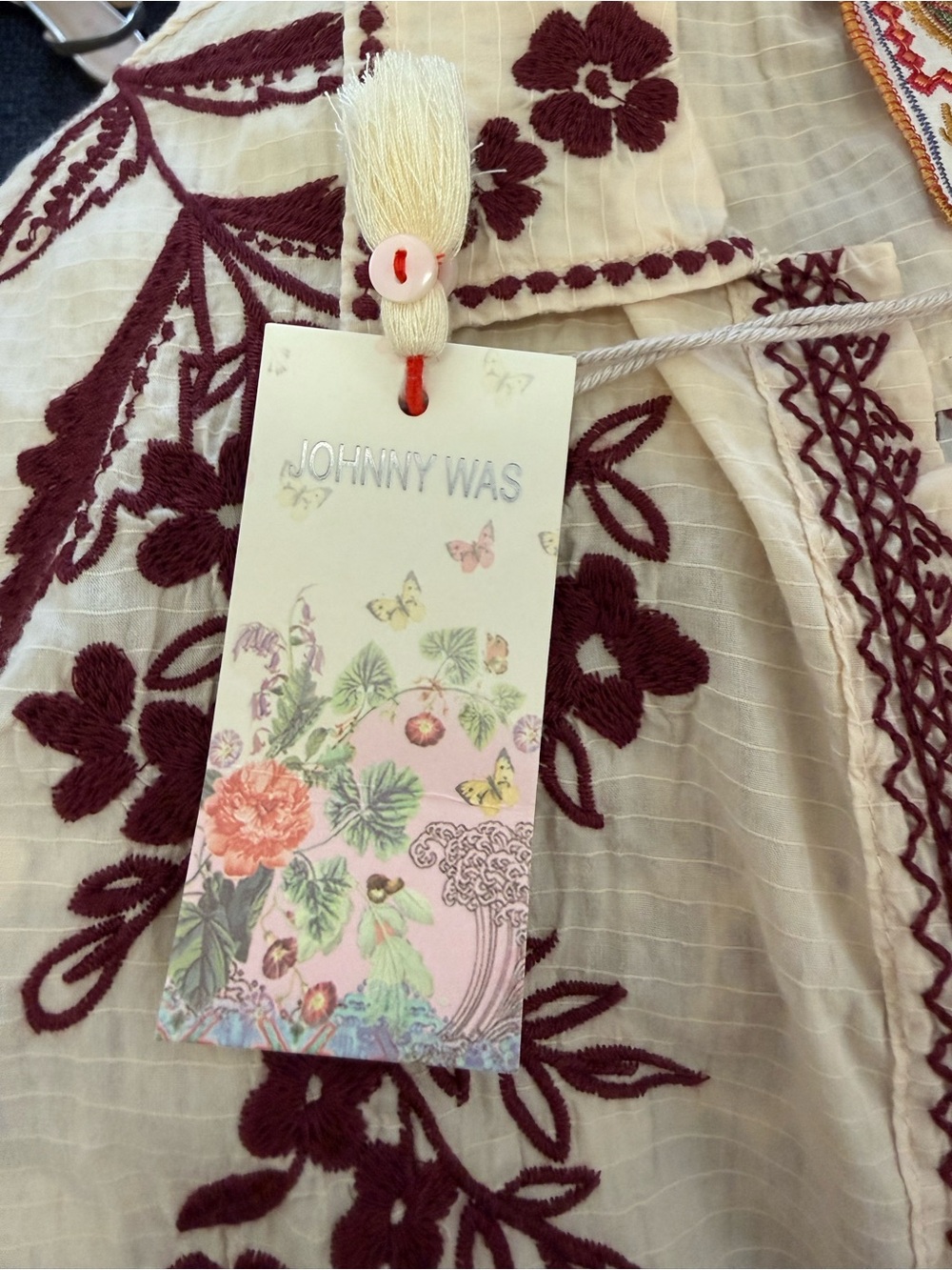 Johnny Was NWT Embroidered Floral Blouse Top Cream Burgundy Maroon Boho L - Picture 10 of 12